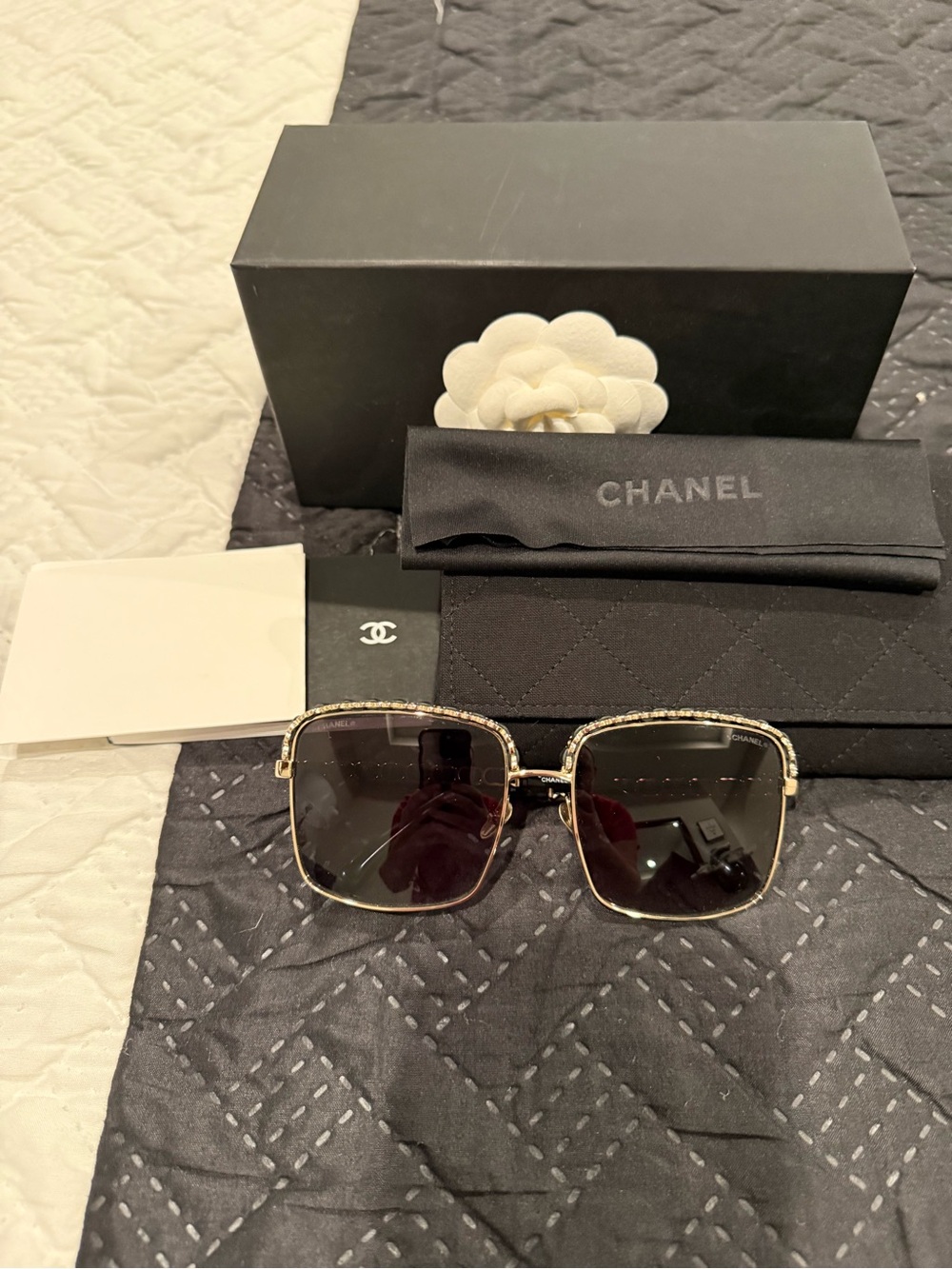 CHANEL Gold Metal Square Sunglasses with Black Gradient Lenses
